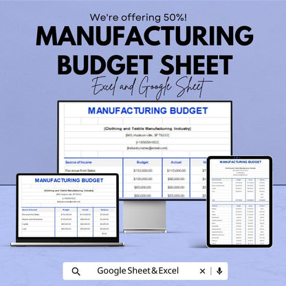 Manufacturing Budget Sheet Excel and Google Sheets | Cost Tracker, Forecasting and Financial Template for Factory & Production