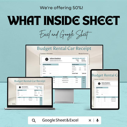 Budget Rental Car Receipt Template | Car Rental Receipt Spreadsheet | Vehicle Rental Invoice Template | Excel & Google Sheets |