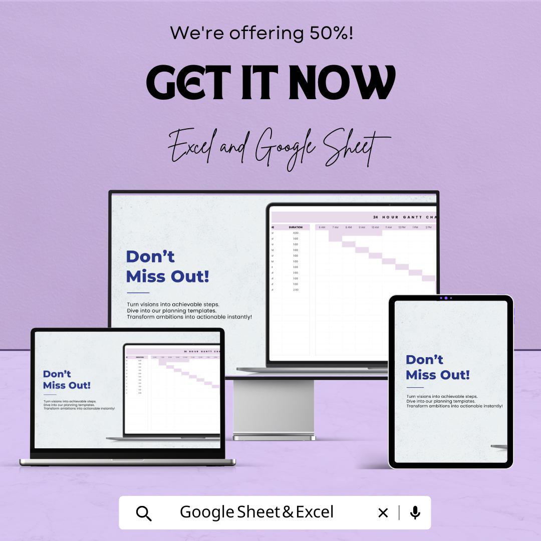 24 Hour Gantt Chart Sheet for Excel & Google Sheets | Project Planner | Time Management Template | Instant Download