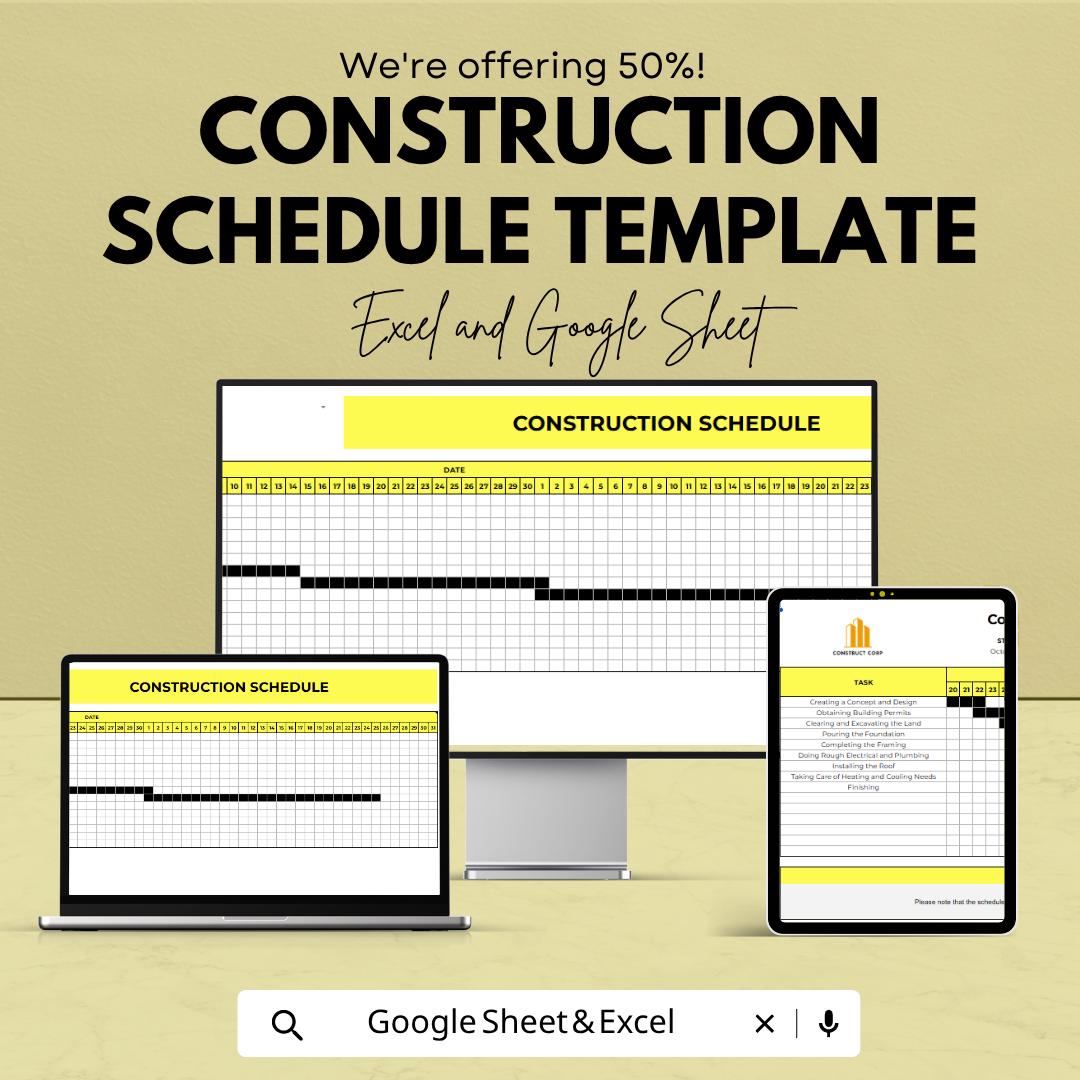Construction Schedule Template | Project Timeline Spreadsheet | Gantt Chart Planner | Construction Project Management Tool