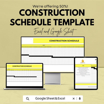 Construction Schedule Template | Project Timeline Spreadsheet | Gantt Chart Planner | Construction Project Management Tool