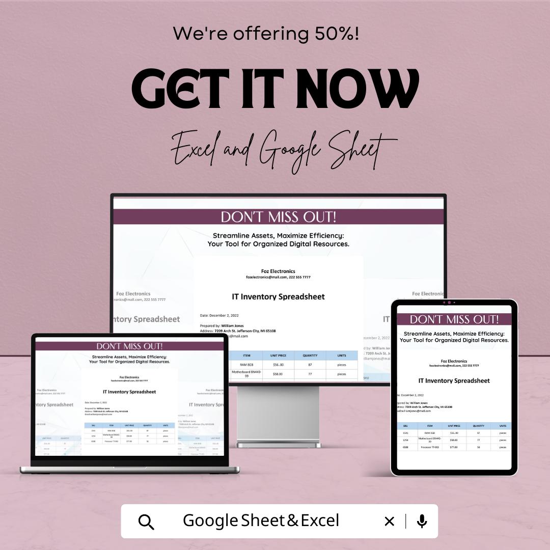 IT Inventory Spreadsheet Template |  IT Asset Tracker | Hardware & Software Inventory Log | IT Asset Management Sheet