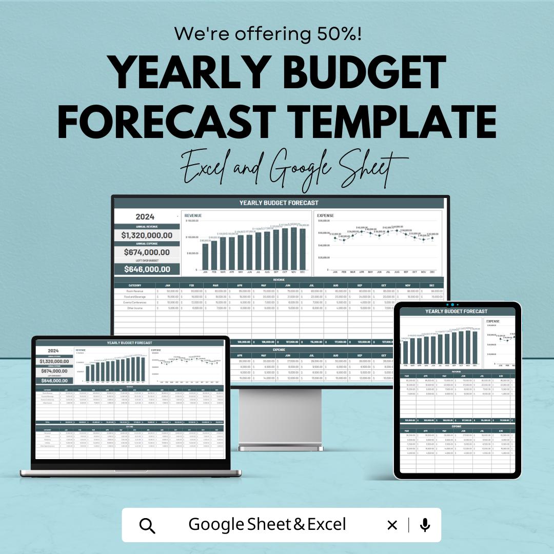 Yearly Budget Forecast Template, Annual Budget Planner, Excel & Google Sheets Budget Spreadsheet, Business Finance Tracker