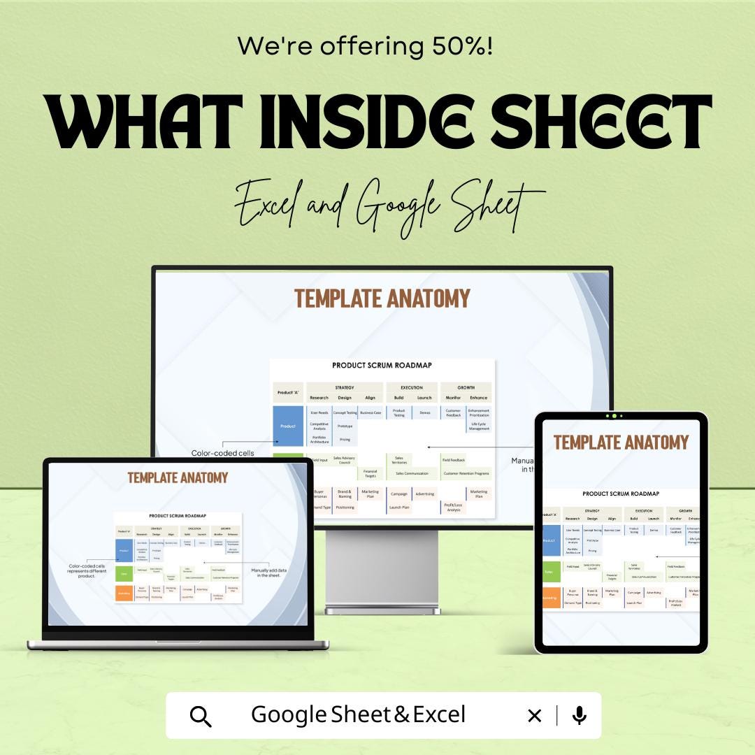 Product Scrum Roadmap Sheet - Excel & Google Sheets Template for Product Management, Scrum Planning, and Project Tracking