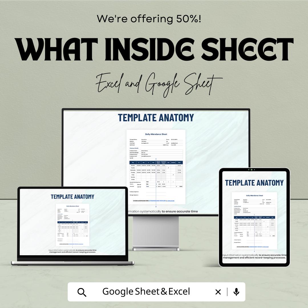Daily Attendance Sheet - Employee Time Tracking, Excel & Google Sheet Template, Daily Employee Attendance Form, Work Attendance Log