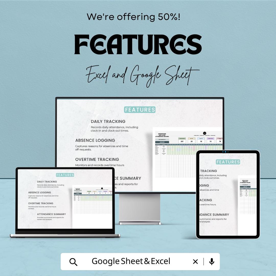 Operations Employee Attendance Record Template, Monthly Attendance Tracker, Staff Attendance Sheet, HR Attendance Log, Excel & Google Sheets