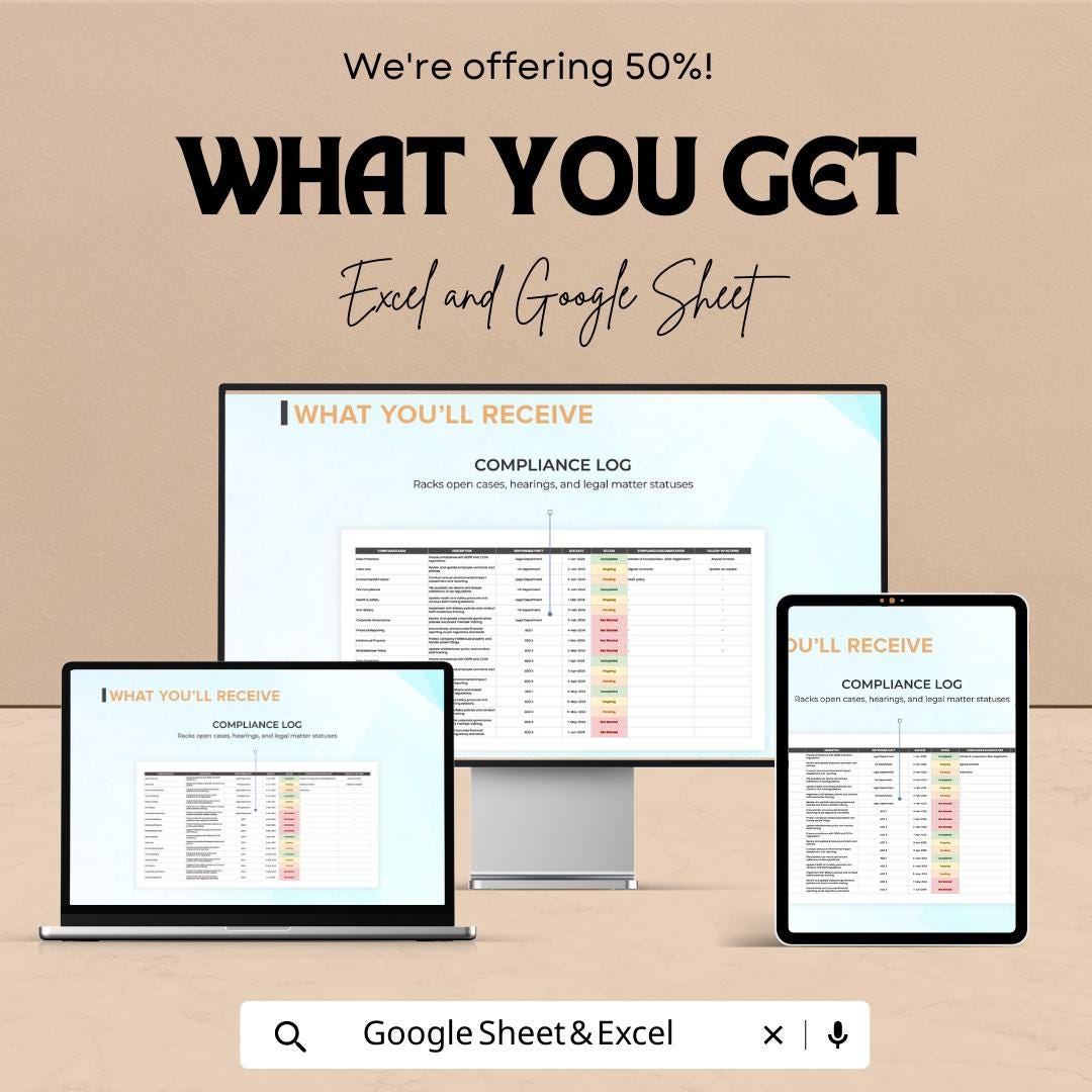 Legal Corporate Compliance Dashboard Template, Law Firm Compliance Tracker, Legal Dashboard Excel, Compliance Log