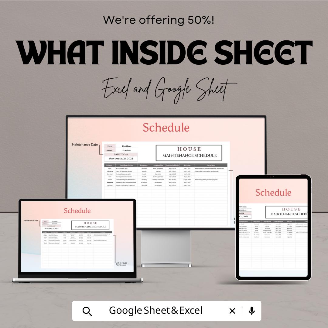 House Maintenance Schedule Sheet | Excel & Google Sheets | Home Upkeep, Task Organizer, Maintenance Planner