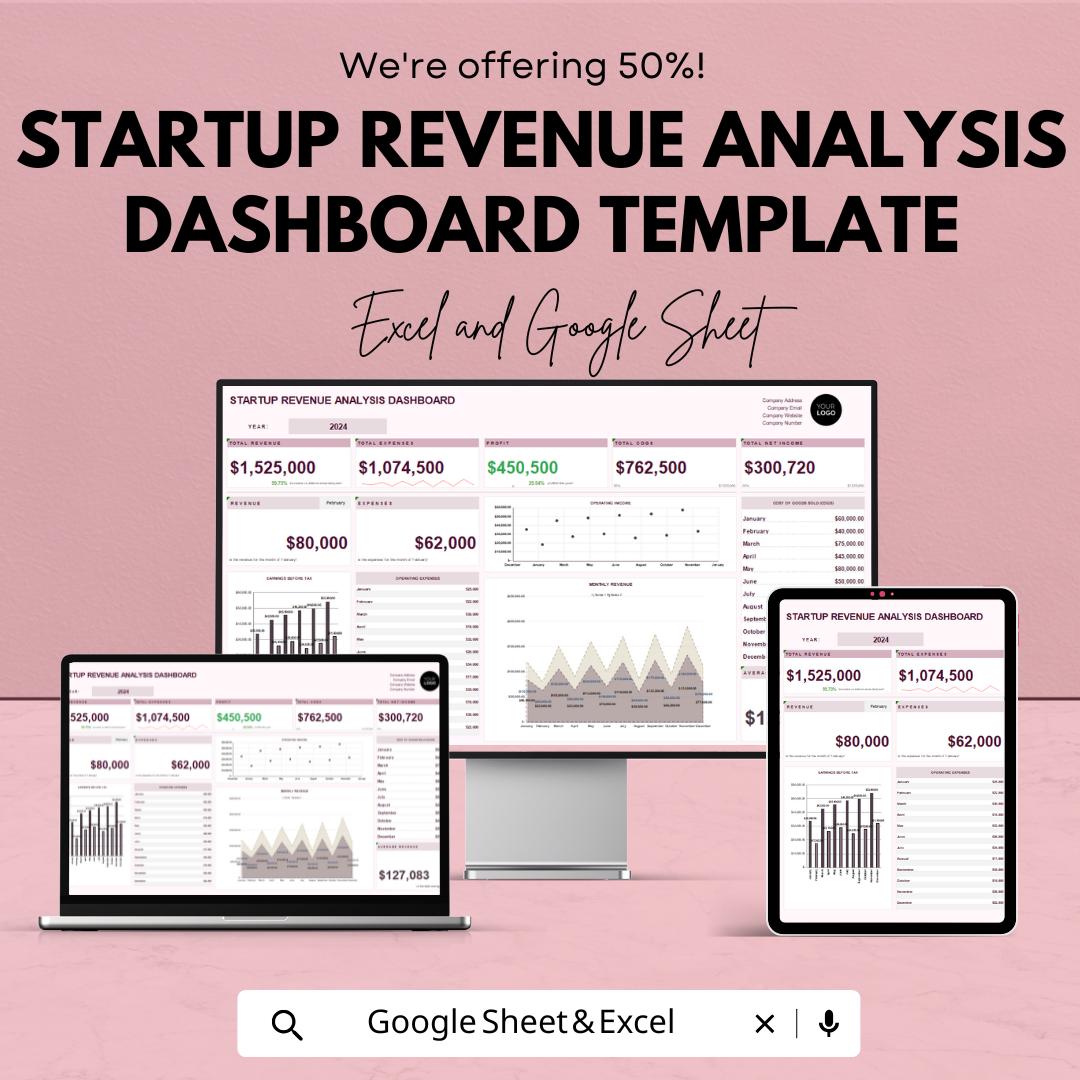 Startup Revenue Analysis Dashboard Template | Business Finance Tracker | Sales & Income Report | Startup Performance Dashboard