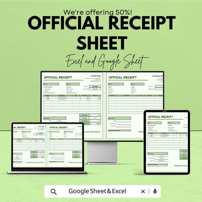 Official Receipt Sheet Template | Payment Tracker | Business Invoice | Downloadable Receipt Format | Customizable Receipt Sheet