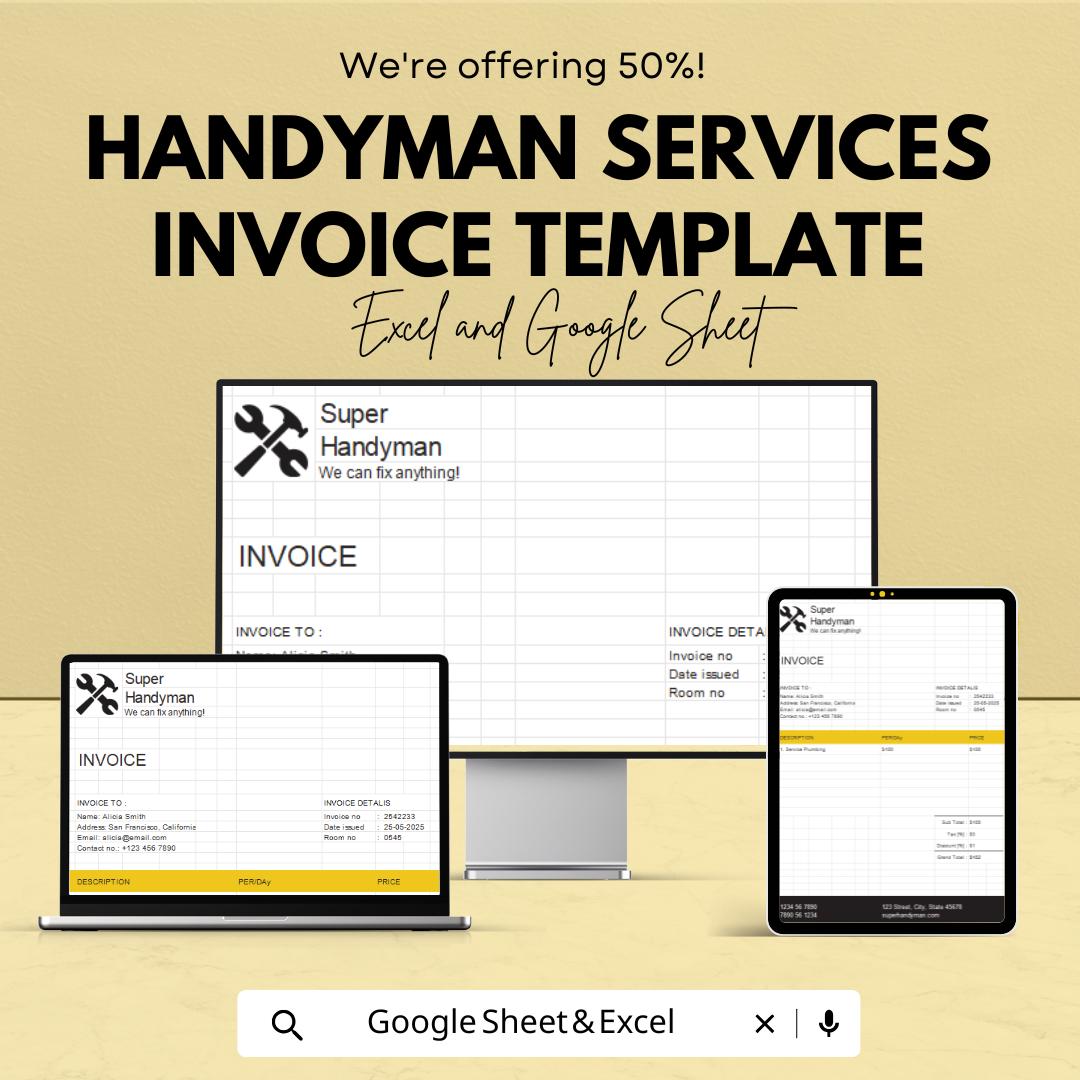 Handyman Services Invoice Template | Google Sheets & Excel Editable Invoice | Service Invoice Spreadsheet | Contractor Billing Template