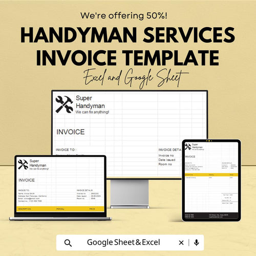 Handyman Services Invoice Template | Google Sheets & Excel Editable Invoice | Service Invoice Spreadsheet | Contractor Billing Template