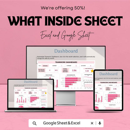 Teamwork Dashboard Sheet - Project Management Excel & Google Sheet - Track Tasks, Team Performance, and Progress - 50% Off Now!