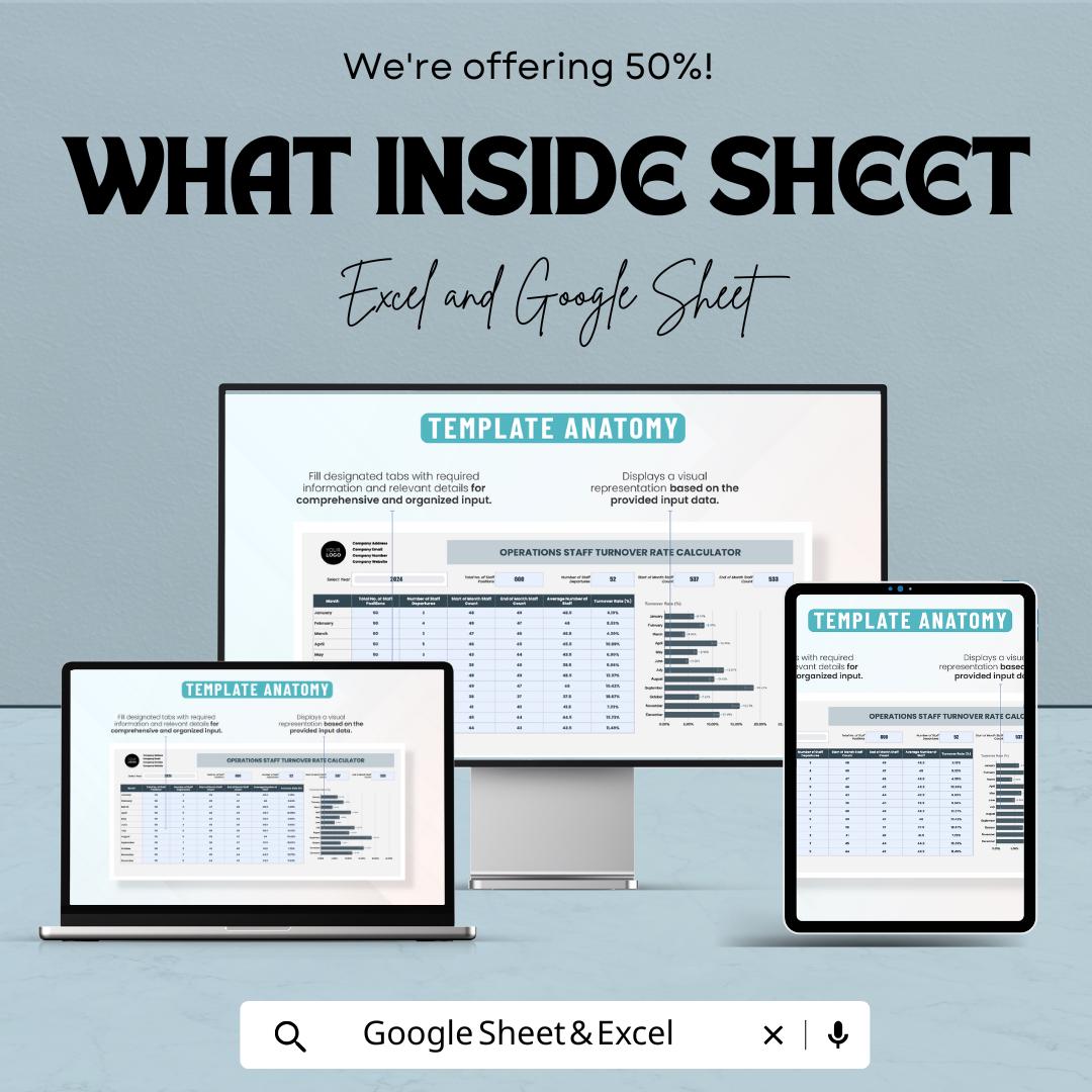 Operations Staff Turnover Rate Calculator Sheet | Employee Turnover Tracker | Excel & Google Sheets Template