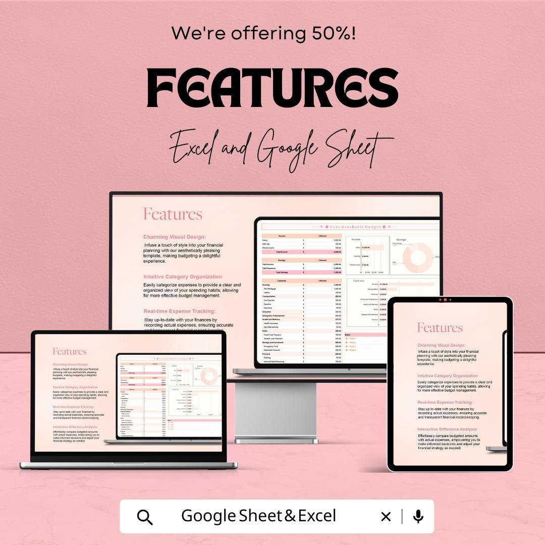 Cute Aesthetic Budget Template | Monthly Budget Spreadsheet | Excel & Google Sheets Budget Planner | Expense Tracker