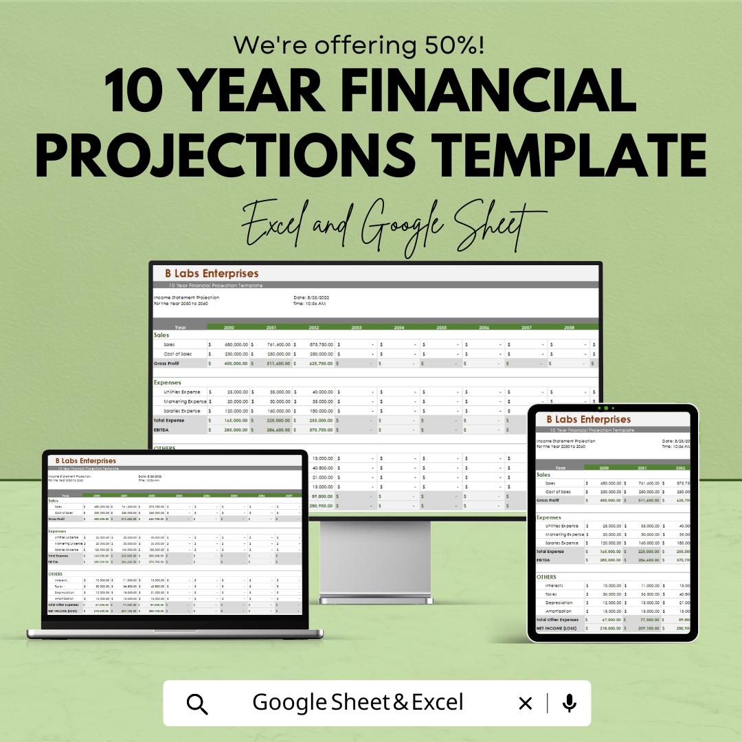 10 Year Financial Projections Template | Income Statement, Balance Sheet, Cash Flow Forecast | Business Finance Planner