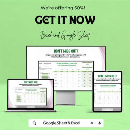 Advertising Multi-Campaign Performance Comparison Template for Excel & Google Sheets | 50% Off!
