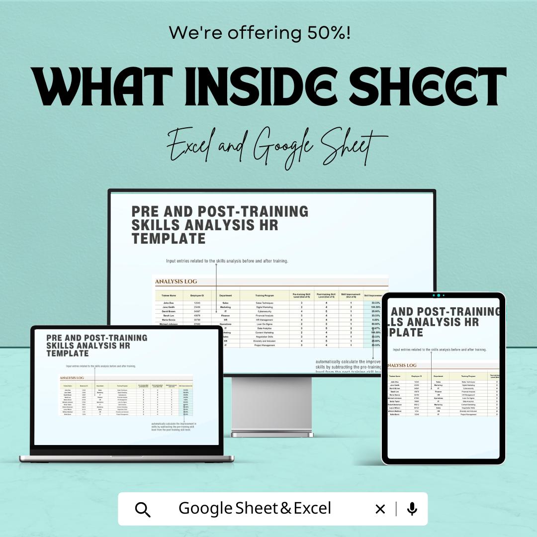 Pre and Post Training Skills Analysis HR Template | Employee Training Evaluation Tool | Excel & Google Sheets
