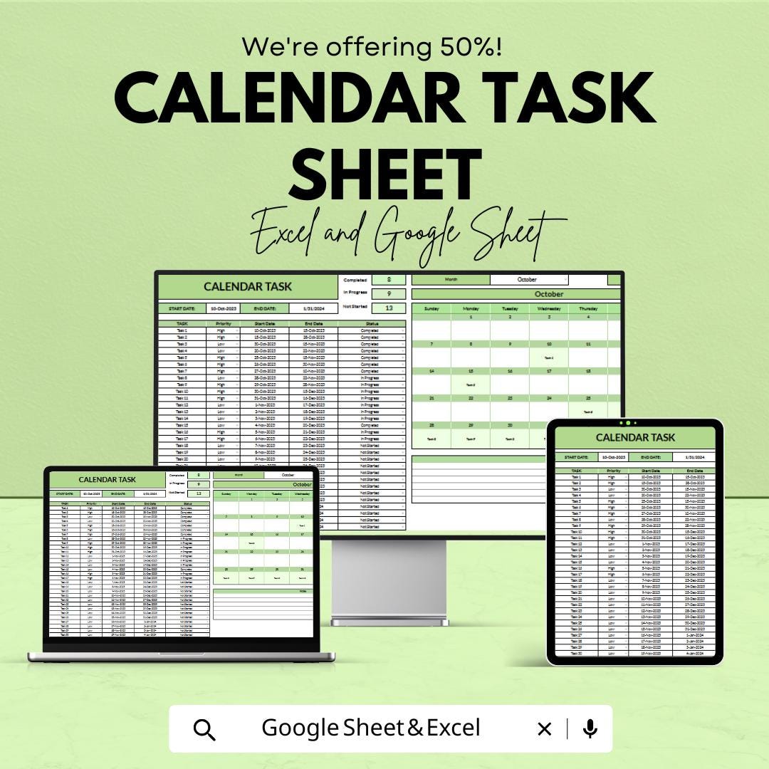 Calendar Task Sheet Template | Google Sheet and Excel | Easy Task Management | Project Planning & Scheduling | Instant Download