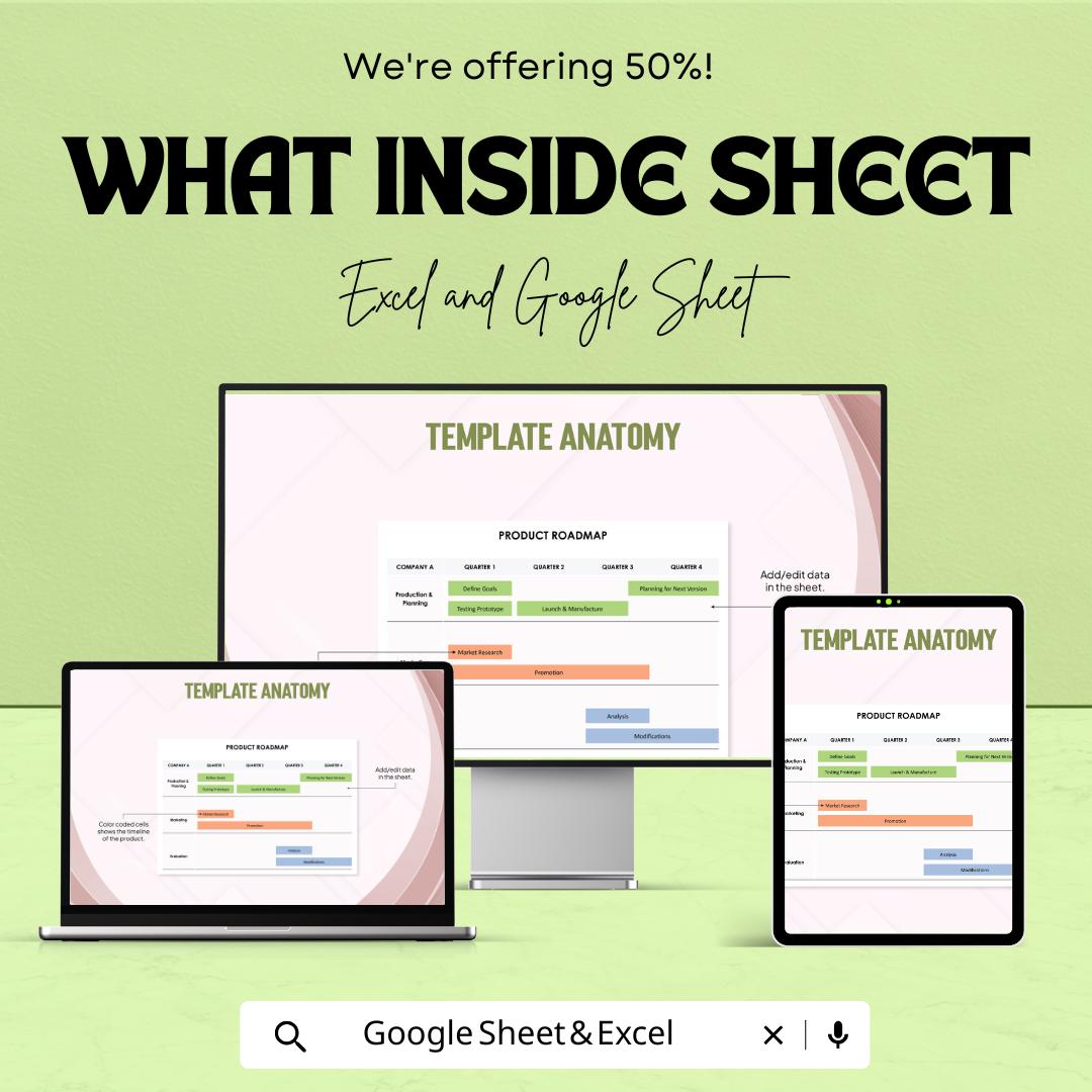 Editable Product Roadmap Sheet | Excel & Google Sheet Template | Customizable Project Planner | Timeline for Product Development