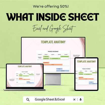 Editable Product Roadmap Sheet | Excel & Google Sheet Template | Customizable Project Planner | Timeline for Product Development