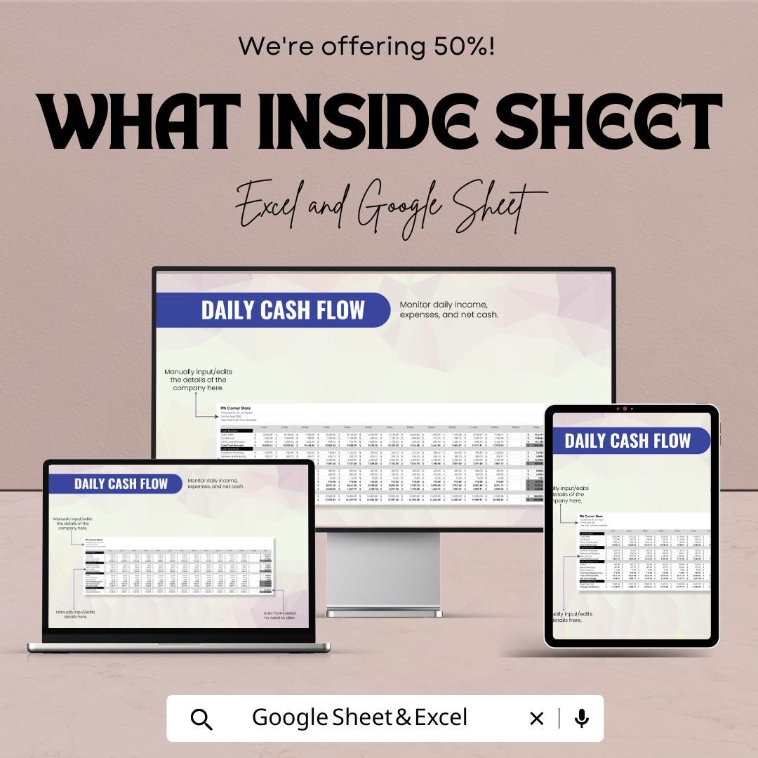 Daily Cash Flow Sheet Template - Excel and Google Sheets - Track Income, Expenses, Net Cash - Editable & Instant Download