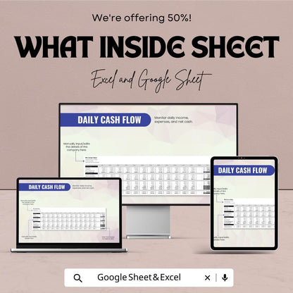 Daily Cash Flow Sheet Template - Excel and Google Sheets - Track Income, Expenses, Net Cash - Editable & Instant Download