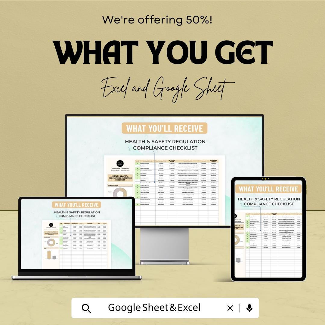 Health & Safety Regulation Compliance Checklist Sheet | Excel and Google Sheets | OSHA Compliance, Workplace Safety