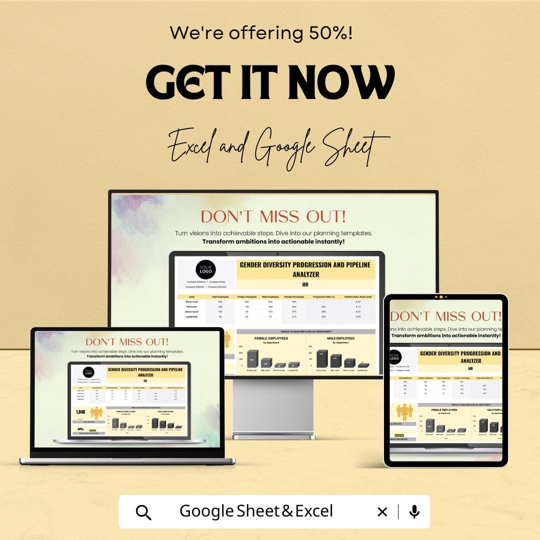 Gender Diversity HR Template, Workforce Diversity Tracker, DEI Dashboard, HR Analytics Sheet, Excel & Google Sheets Diversity Pipeline Tool