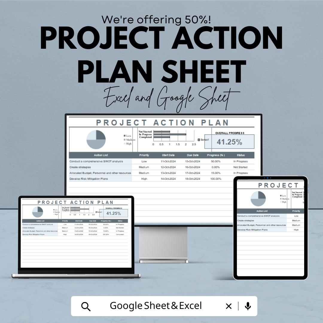 Project Action Plan Sheet | Task and Progress Tracker | Excel & Google Sheet | Project Management Template | Gantt Chart Planner