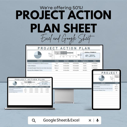 Project Action Plan Sheet | Task and Progress Tracker | Excel & Google Sheet | Project Management Template | Gantt Chart Planner
