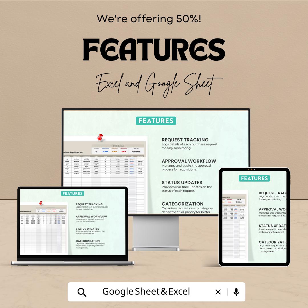 Administration Purchase Requisition Log Template, Purchase Request Tracker, Procurement Log Spreadsheet, Excel & Google Sheets