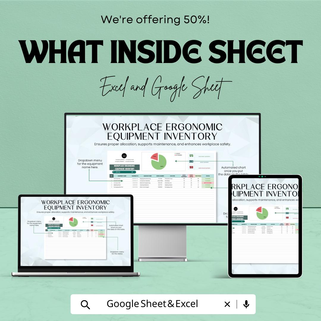 Workplace Ergonomic Equipment Inventory Template | Office Equipment Tracker  | Asset Management Spreadsheet | Maintenance Tracking Sheet