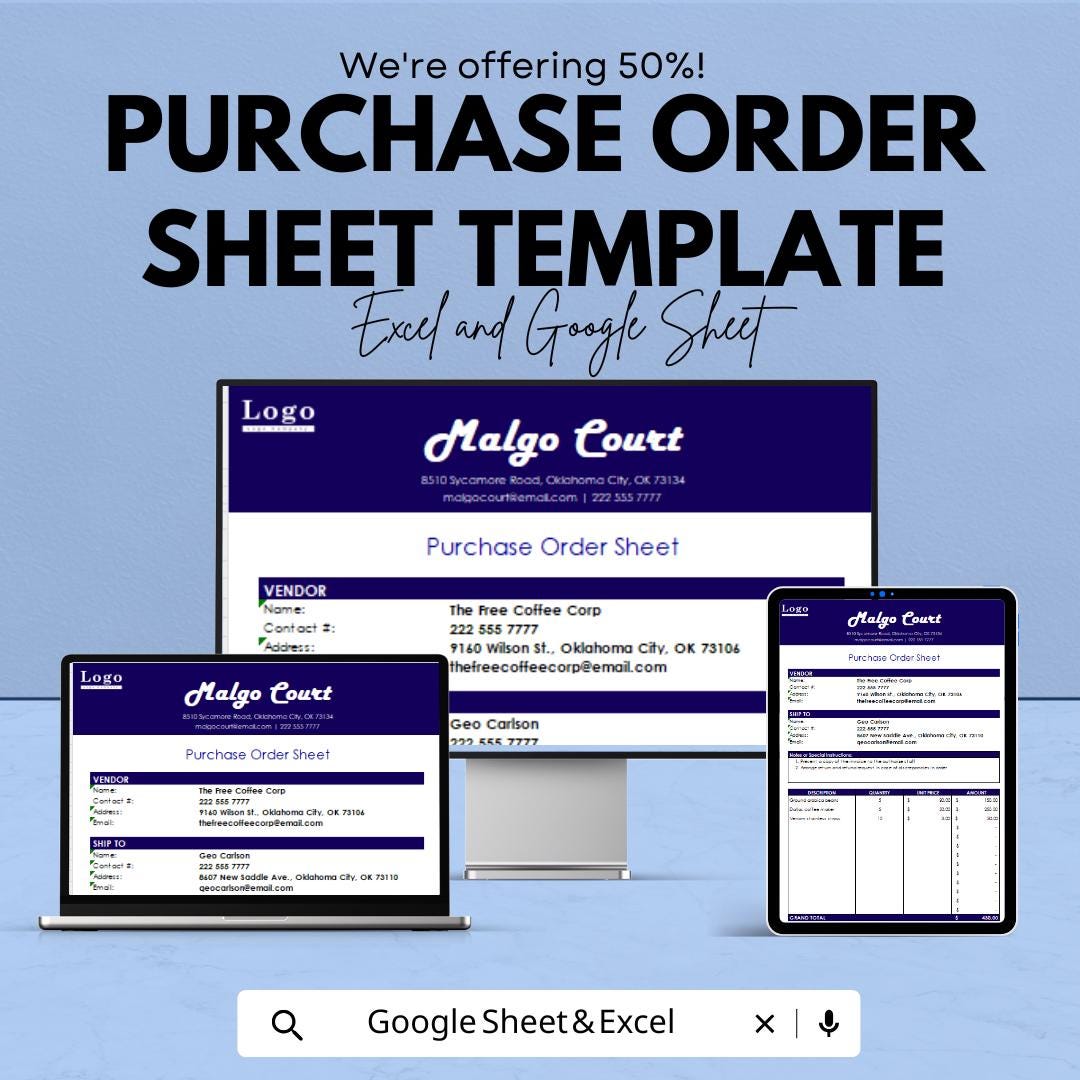 Purchase Order Sheet Template | Editable Purchase Order Form | Business Procurement Tracker | Printable Vendor Order Sheet