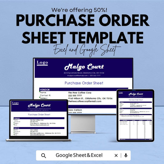 Purchase Order Sheet Template | Editable Purchase Order Form | Business Procurement Tracker | Printable Vendor Order Sheet