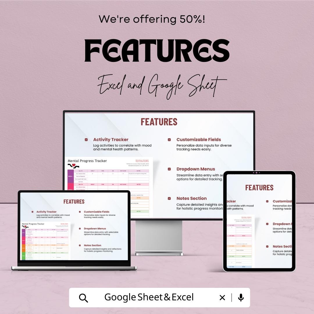Mental Progress Tracker Template | Mental Health Journal Spreadsheet | Mood & Wellness Tracker | Self Care Progress Log