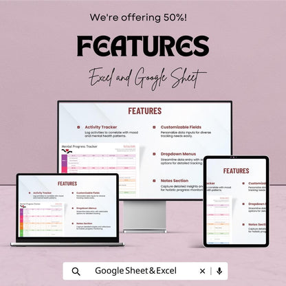 Mental Progress Tracker Template | Mental Health Journal Spreadsheet | Mood & Wellness Tracker | Self Care Progress Log