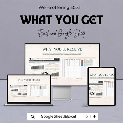 Marketing Brand Awareness Metrics Dashboard | Google Sheet Template | Track social media, Website, and Email Performance | Metrics Overview