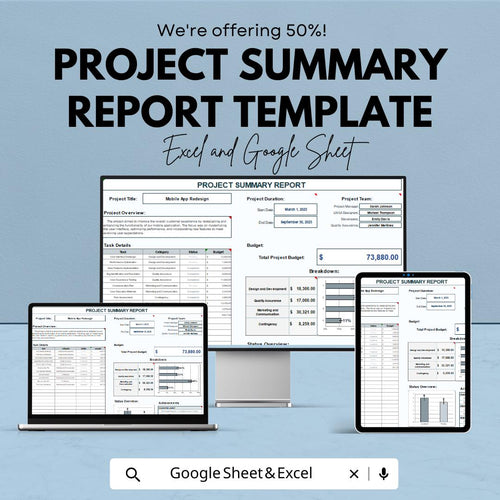 Project Summary Report Template | Project Status Overview | Task & Budget Report | Excel and Google Sheets | Project Management Dashboard