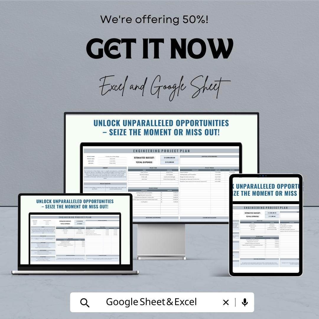 Engineering Project Plan Sheet | Excel & Google Sheets Template | Project Budgeting, Timeline Management, Task Assignment |
