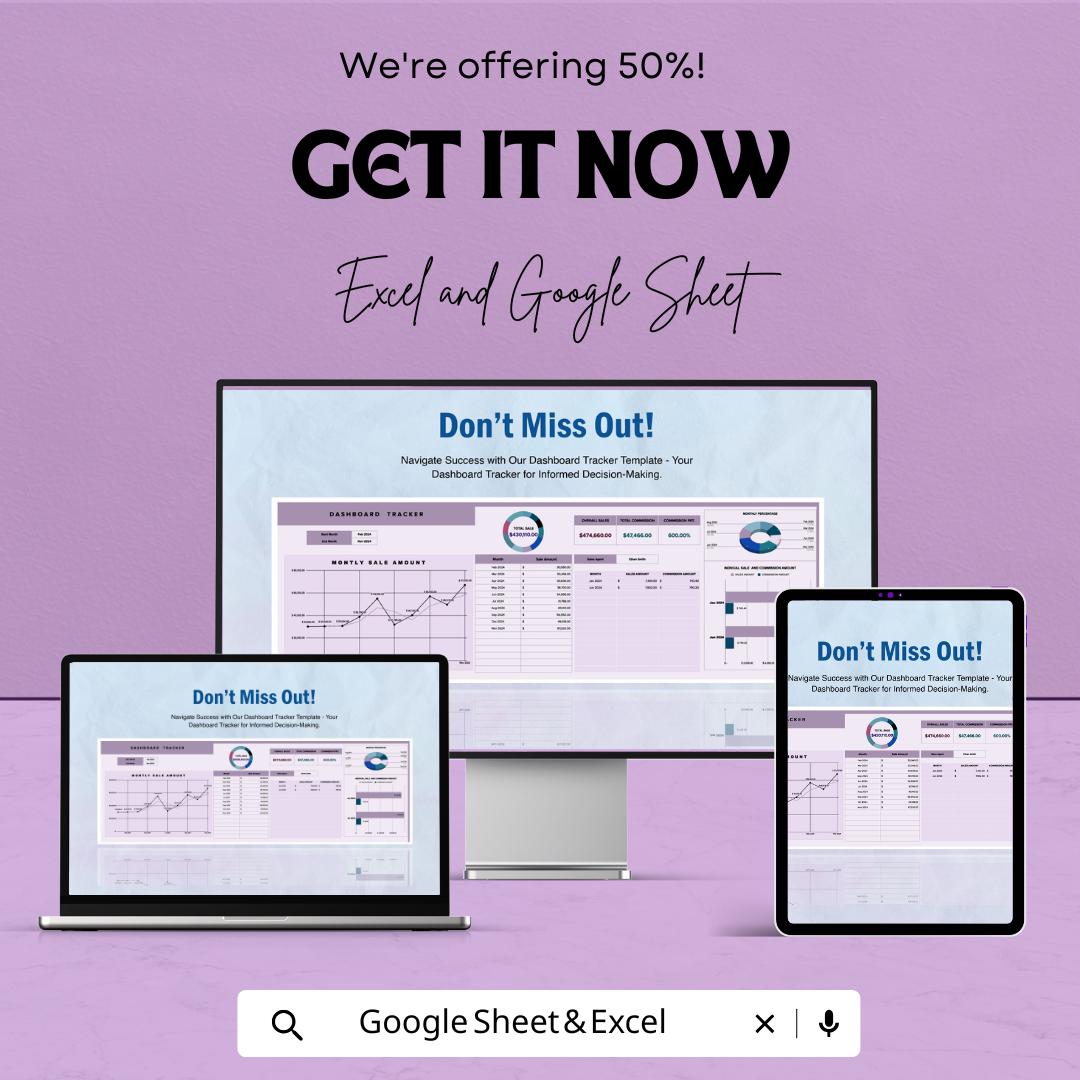 Dashboard Tracker Template | Business Performance Metrics | Sales Data Analytics Spreadsheet | Automated Report Template