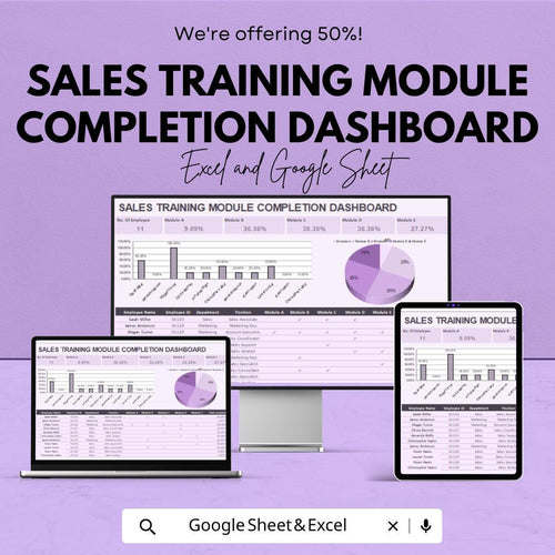 Sales Training Module Completion Dashboard Template | Excel and Google Sheet | Auto-Calculated & Formulated | Employee Training Tracker