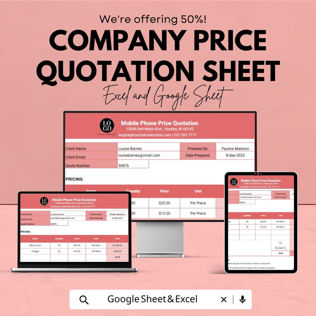 Company Price Quotation Sheet Template | Excel & Google Sheets | Business Quote Form | Sales Estimate Template | Digital Download