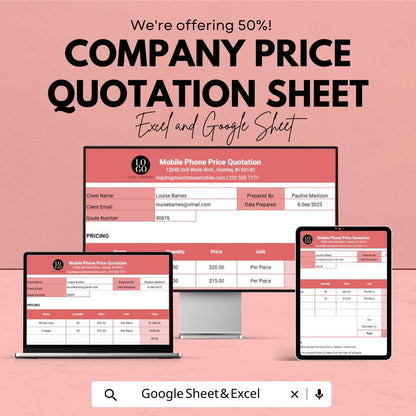 Company Price Quotation Sheet Template | Excel & Google Sheets | Business Quote Form | Sales Estimate Template | Digital Download