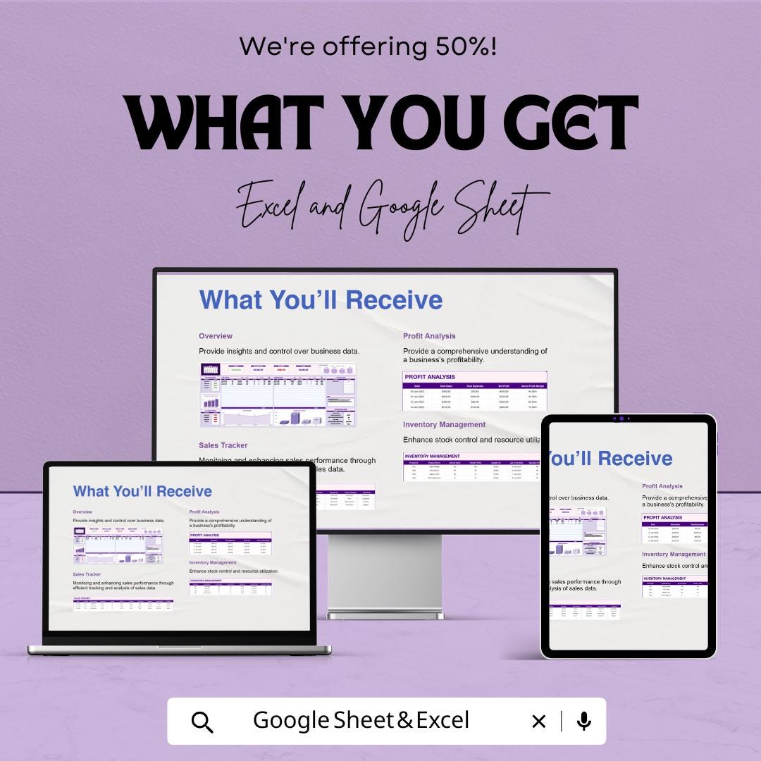 Business Tracker Template - Excel and Google Sheets - Track Sales, Expenses, Profits & Performance - 50% Off