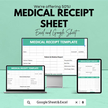 Medical Receipt Template - Editable Excel & Google Sheets - Patient Billing, Invoice Tracker, Medical Report Form