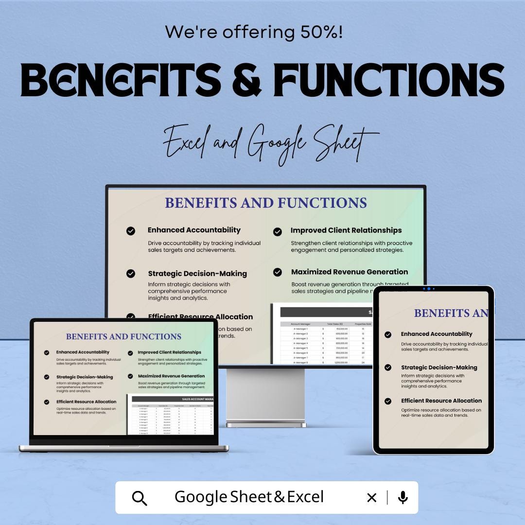 Sales Account Managers Dashboard | Sales Performance Tracker | Excel & Google Sheets | Account Metrics Report | Sales Analytics Template