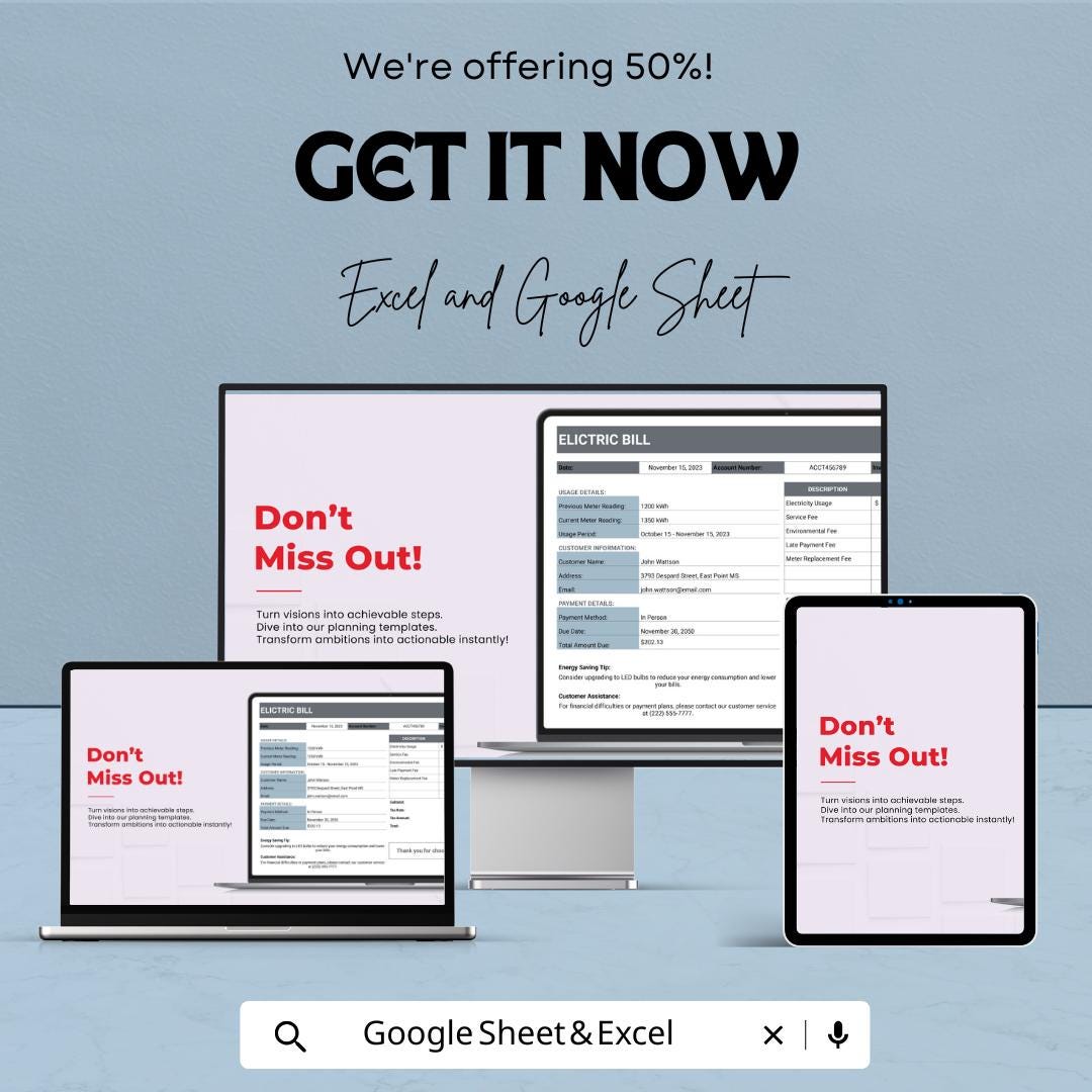 Electric Bill Template - Google Sheets, Utility Bill Tracker, Monthly Bill Organizer, Electricity Bill, Bill Management, Digital Download