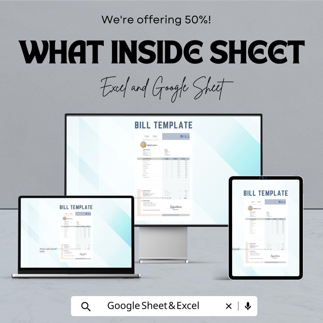 50% Off | Customizable Bill Sheet Template for Excel & Google Sheets | Invoice Template | Professional Bill Format for Business