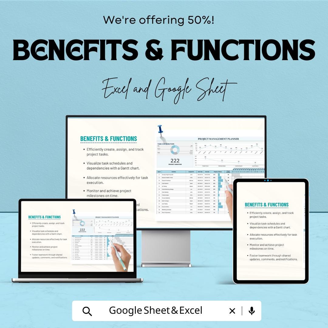 Project Management Planner Sheet | Excel & Google Sheet Dashboard | Gantt Chart | Task Timeline | Resource Allocation Tool